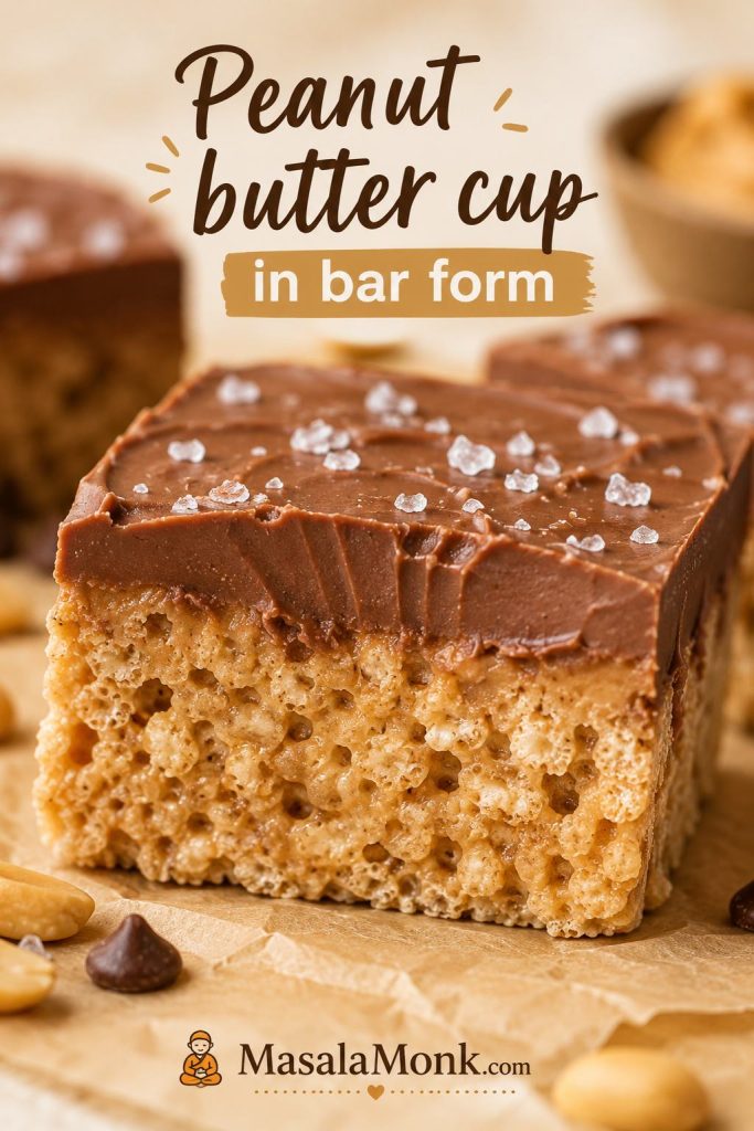Cross-section of a chocolate-topped peanut butter rice crispy treat with a soft chocolate layer and cereal base.