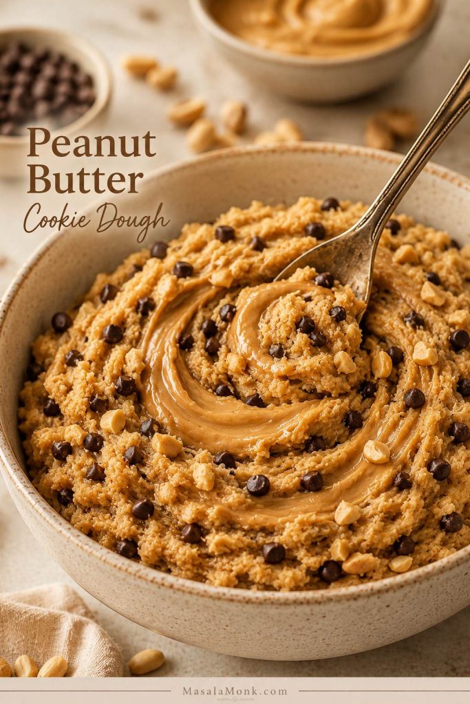 Peanut butter is swirled into edible cookie dough with chocolate chips and chopped peanuts visible on top.