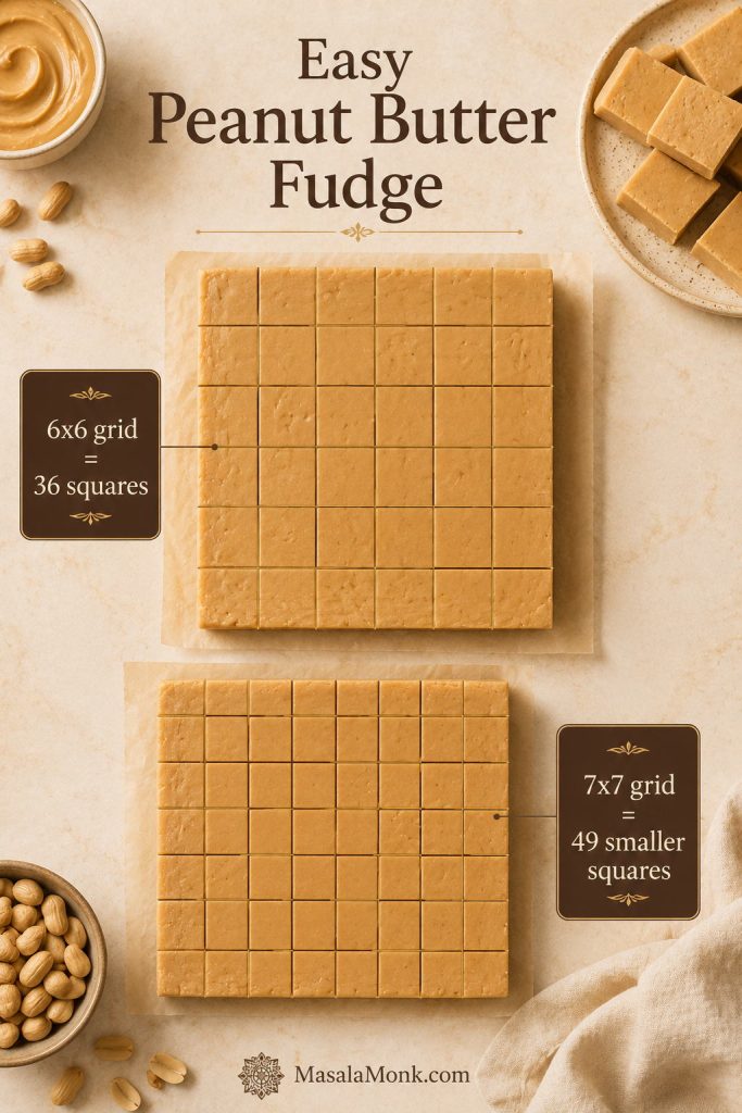 Top-down peanut butter fudge cutting grid showing 6x6 and 7x7 portion options for small squares.