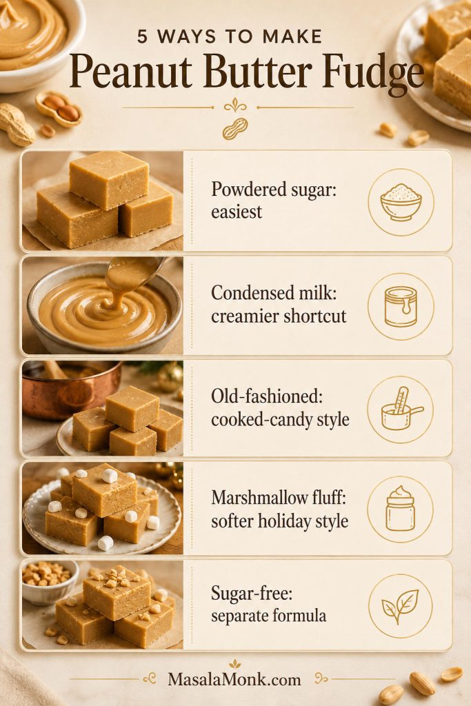 Peanut butter fudge method chooser comparing powdered sugar, condensed milk, old-fashioned, marshmallow fluff, and sugar-free versions.