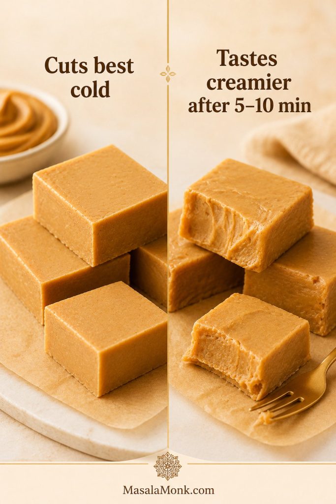 Comparison of cold peanut butter fudge with clean edges and slightly softened fudge with a creamier bite.