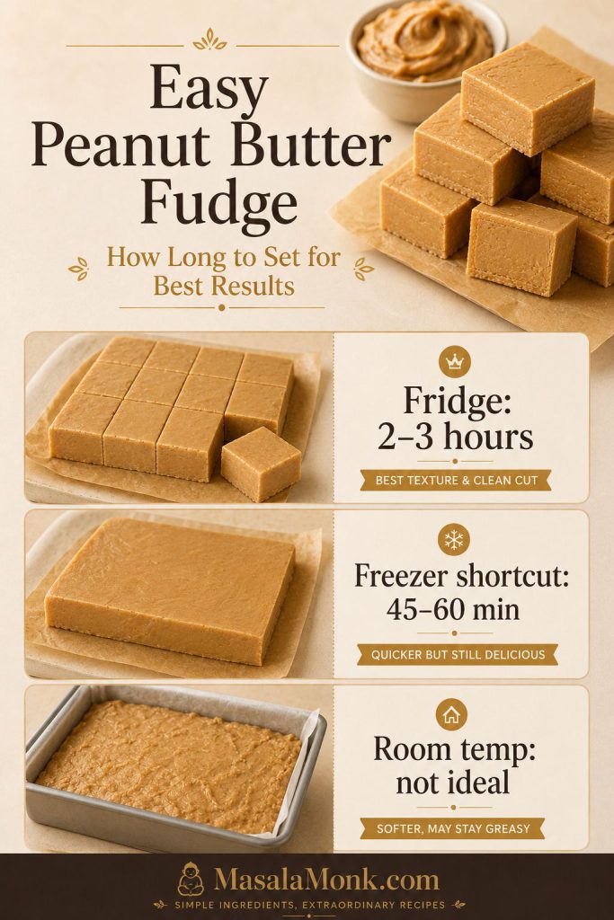 Peanut butter fudge setting time guide showing refrigerator, freezer shortcut, and room temperature options with fudge slabs.