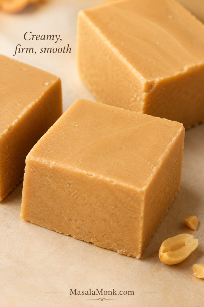 Close-up of peanut butter fudge squares showing smooth interiors, clean edges, and firm texture.