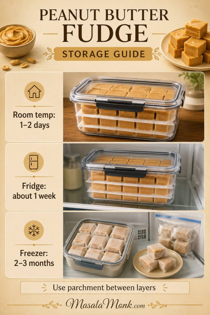 Peanut butter fudge storage guide showing airtight containers, parchment layers, refrigerator storage, and freezer-safe pieces.
