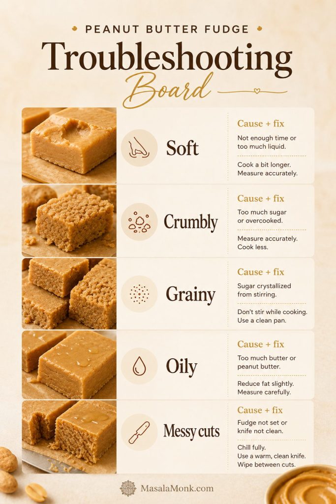 Troubleshooting guide for peanut butter fudge with examples of soft, crumbly, grainy, oily, and messy-cut fudge.