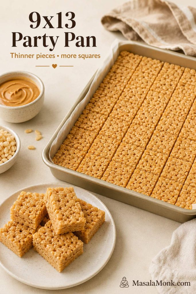 9x13 pan of peanut butter rice crispy treats cut into thinner party-size squares.