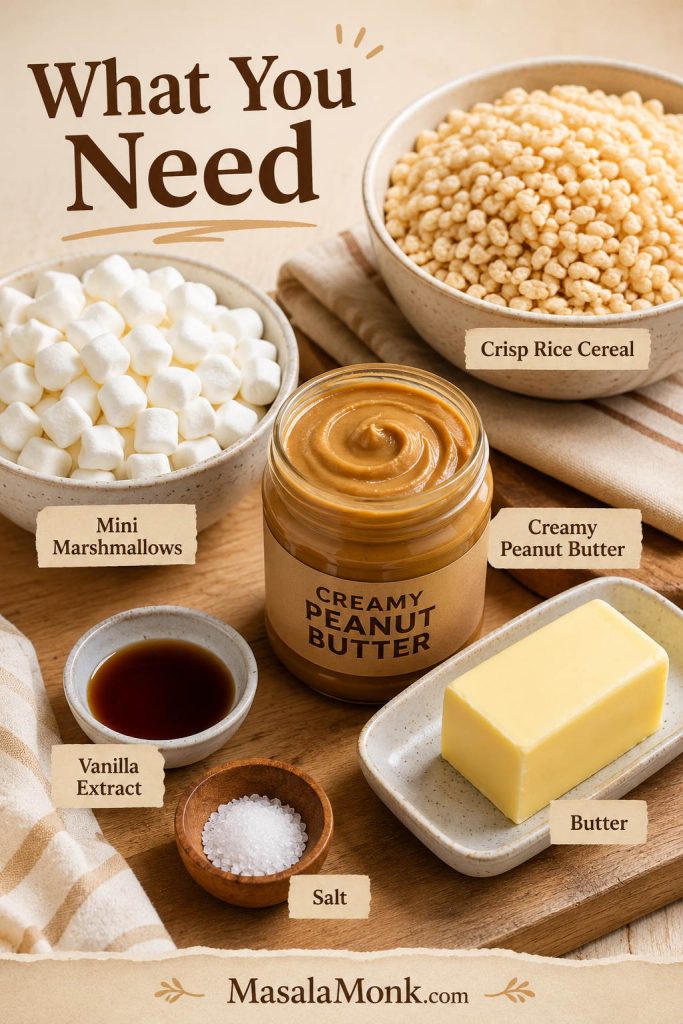 Ingredients for peanut butter rice crispy treats, including marshmallows, peanut butter, cereal, butter, vanilla, and salt.