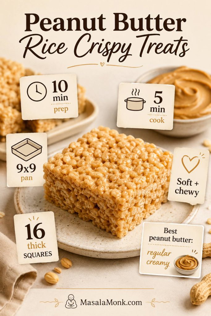 Quick formula board for peanut butter rice crispy treats showing 5 tablespoons butter, 16 ounces marshmallows, 1/2 cup peanut butter, 5 1/2 to 6 cups cereal, vanilla, salt, and a lined 9x9 pan.