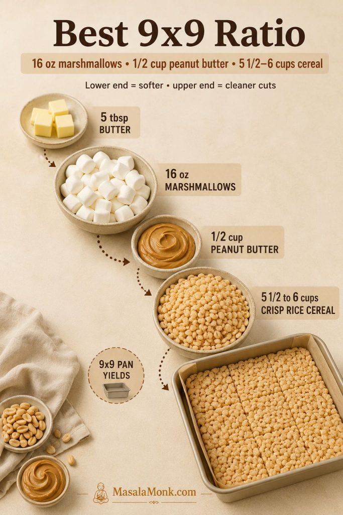 Ratio guide showing marshmallows, peanut butter, cereal, butter, and a 9x9 pan for peanut butter rice crispy treats.