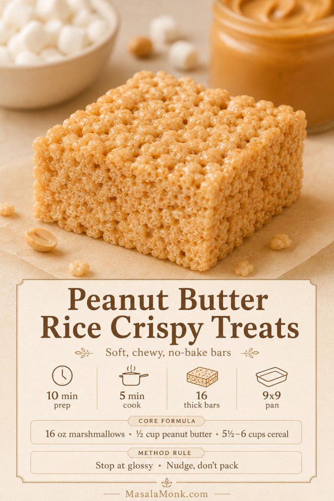 Recipe card for peanut butter rice crispy treats with time, yield, pan size, core formula, and method rules.