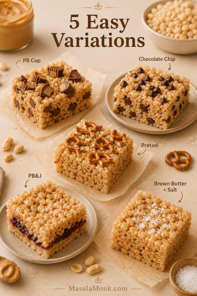 Five peanut butter rice crispy treat variations with peanut butter cups, chocolate chips, pretzels, jam, and flaky salt.