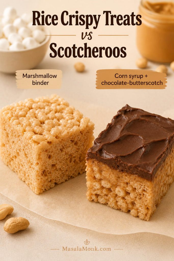 Peanut butter rice crispy treat compared with a chocolate-topped Scotcheroo on parchment.