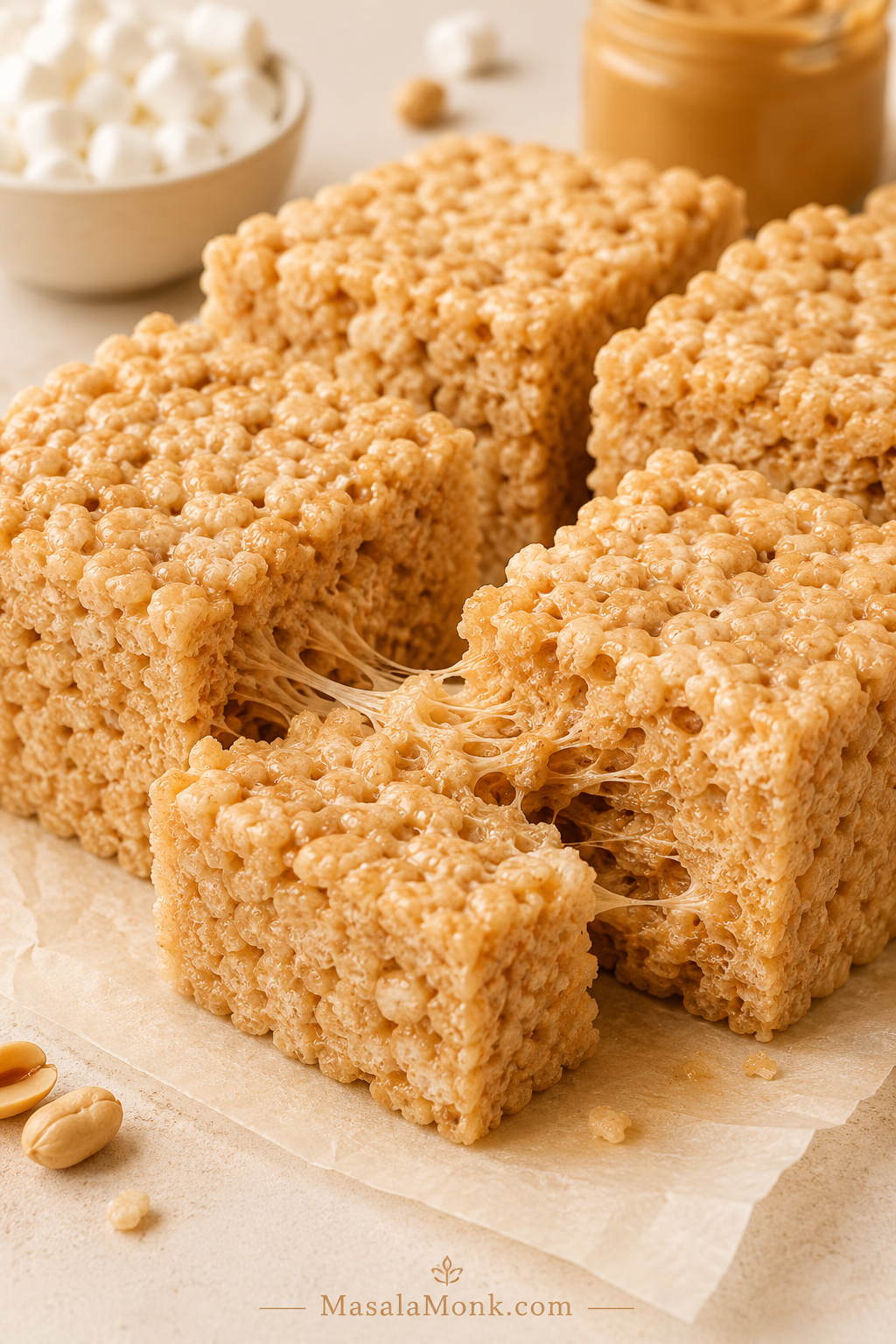 Thick peanut butter rice crispy treats cut into squares, with one piece pulled apart to show marshmallow strands and crisp cereal texture.