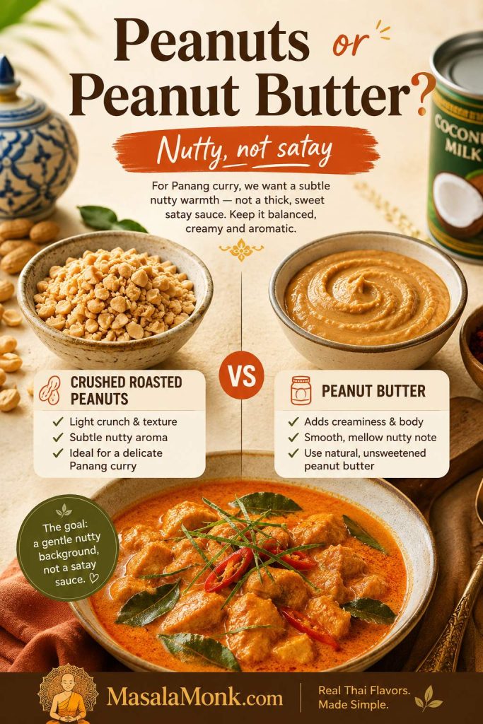 Split image comparing crushed roasted peanuts and peanut butter for adding a nutty note to Panang curry.
