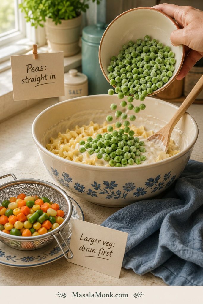 Frozen peas being added to tuna noodle casserole mixture with drained vegetables nearby.