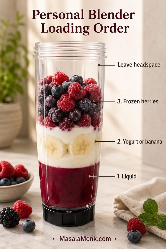 Personal blender cup showing smoothie layers with liquid first, yogurt or banana next, frozen berries on top, and headspace.