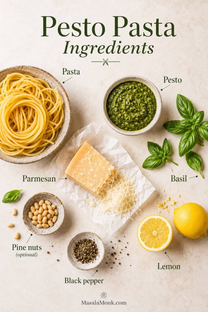 Ingredients for pesto pasta arranged on a pale surface, including pasta, basil pesto, Parmesan, lemon, black pepper and fresh basil