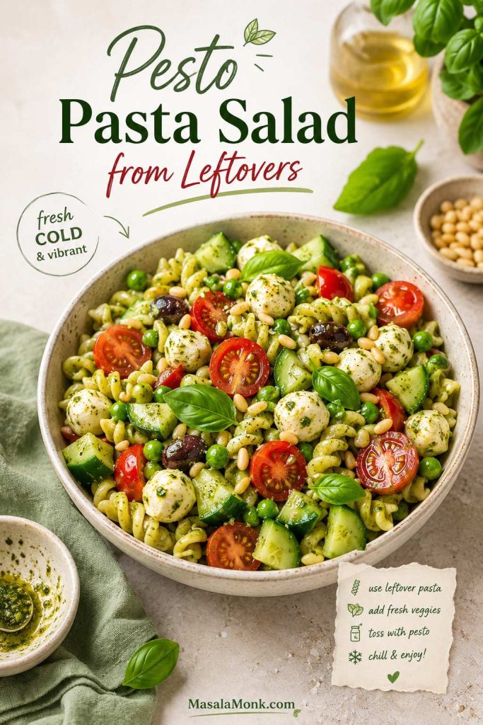 Cold pesto pasta salad with cherry tomatoes, cucumber, peas, mozzarella, olives, basil and pine nuts