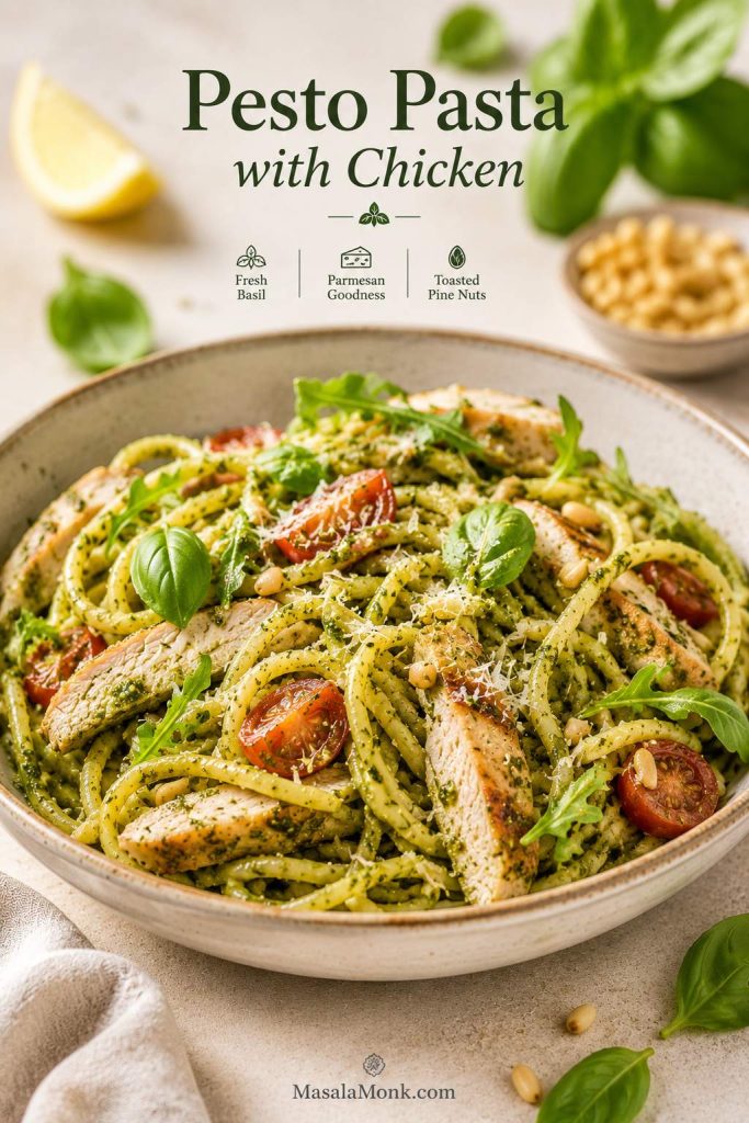 Pesto pasta served with sliced grilled chicken, basil and Parmesan