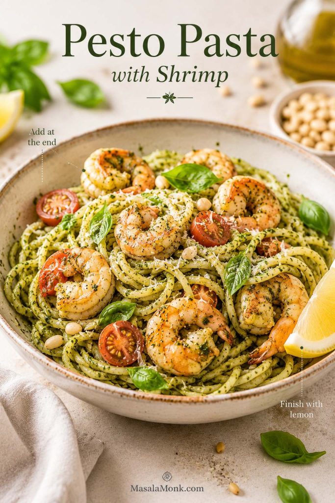 Pesto pasta with shrimp, lemon, basil and Parmesan in a shallow bowl