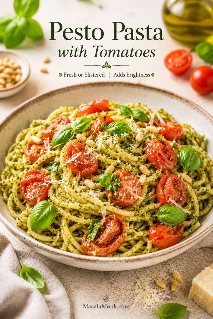 Pesto pasta with cherry tomatoes, basil, Parmesan and a bright green sauce