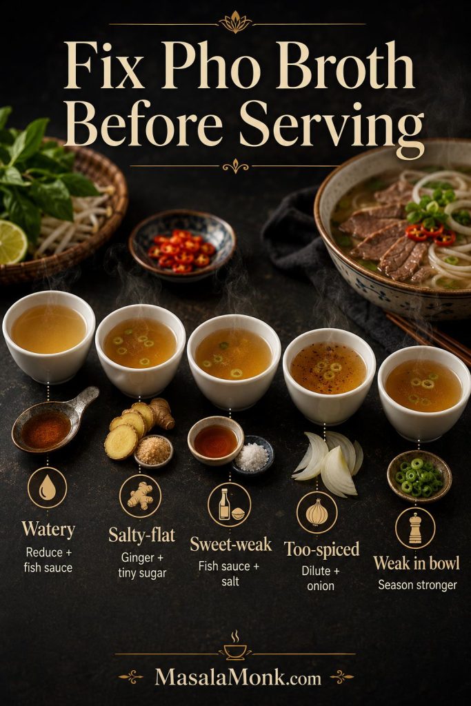 Pho broth seasoning guide showing fixes for watery, salty-flat, sweet-weak, too-spiced, and weak broth.