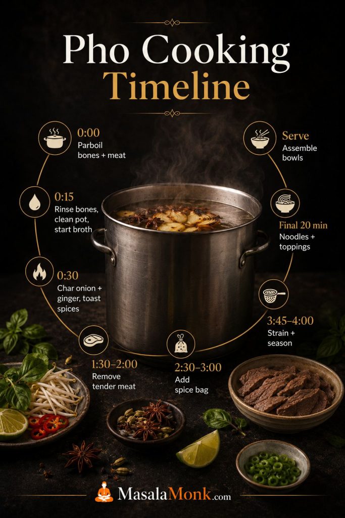 Pho cooking timeline showing parboiling bones, starting broth, charring aromatics, adding spices, straining, preparing noodles, and serving.