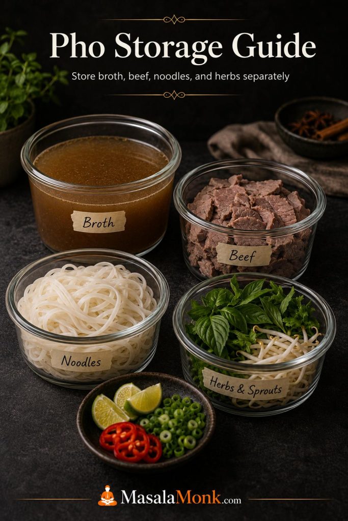 Pho storage guide showing separate containers of broth, cooked beef, noodles, and herbs with sprouts.