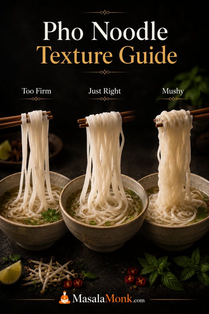 Pho noodle texture guide showing rice noodles labeled too firm, just right, and mushy.