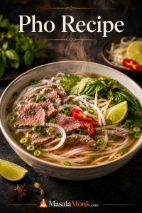 Finished beef pho bowl with amber broth, flat rice noodles, thin sliced beef, herbs, bean sprouts, lime, chili, and scallions.