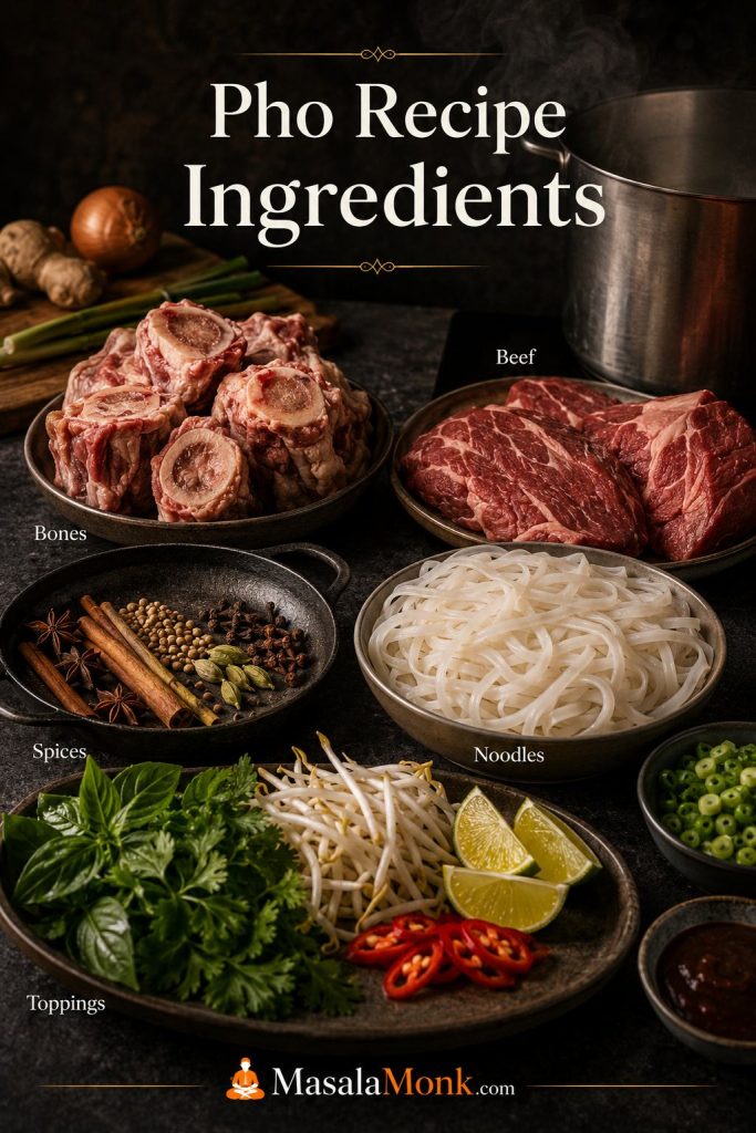 Pho ingredients arranged on a counter with beef bones, brisket, onion, ginger, whole spices, rice noodles, herbs, sprouts, lime, and chili.