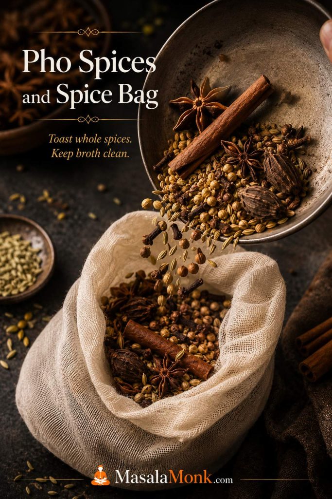 Whole pho spices going into a spice bag, including star anise, cinnamon, cloves, coriander, fennel, and black cardamom.
