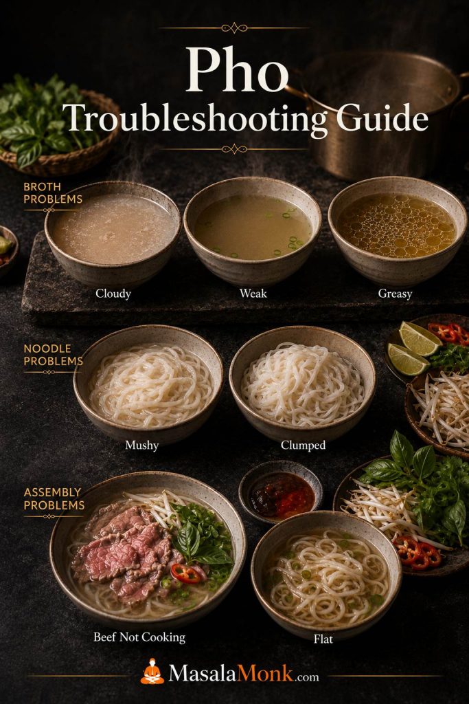 Pho troubleshooting guide showing cloudy broth, weak broth, greasy broth, mushy noodles, clumped noodles, flat broth, and beef not cooking.