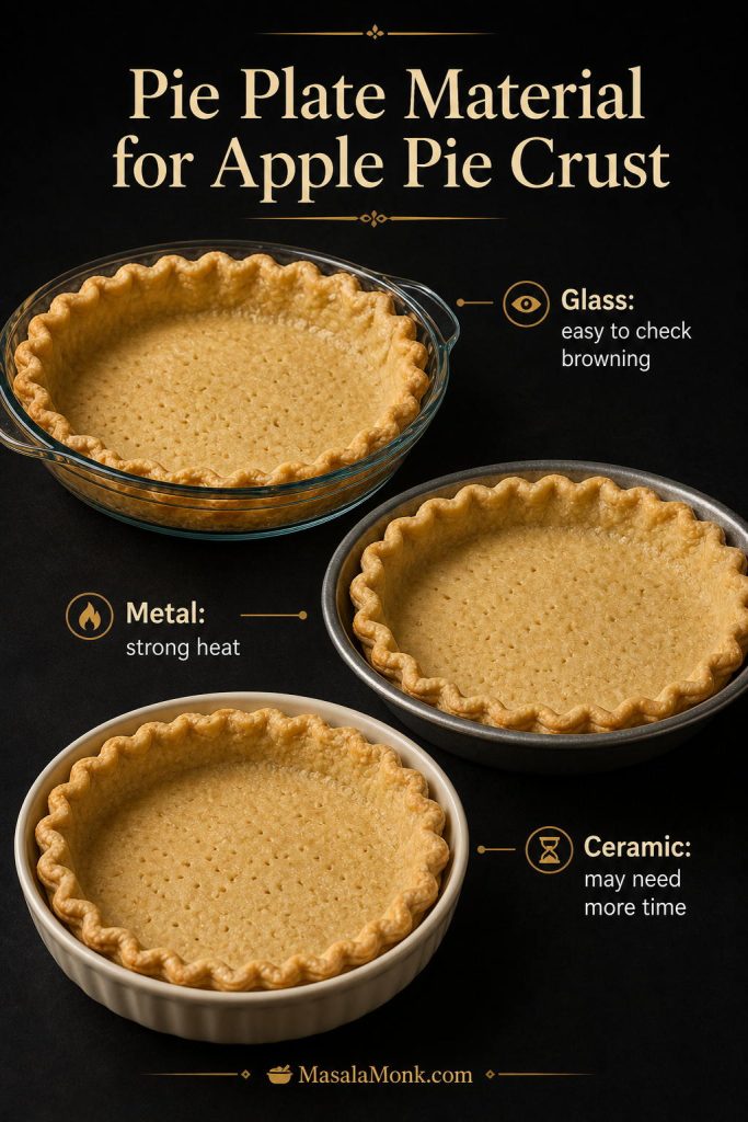 Pie plate material guide comparing glass, metal, and ceramic dishes for apple pie crust browning and baking time.