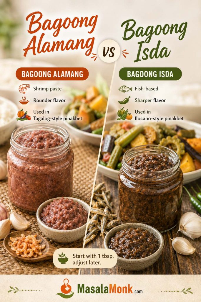 Comparison guide showing bagoong alamang and bagoong isda for Pinakbet Tagalog and Ilocano-style pinakbet.