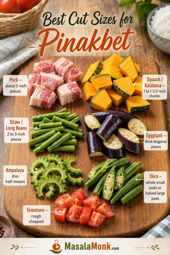 Cut size guide showing pork pieces, squash chunks, long beans, eggplant pieces, ampalaya half-moons, okra pods, and chopped tomatoes for pinakbet.