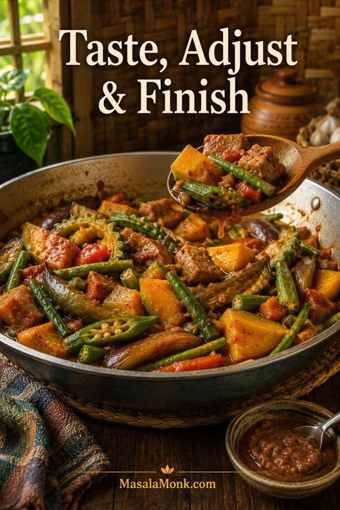 Finished Pinakbet Tagalog in a wide pan with a spoon lifting vegetables and glossy sauce.