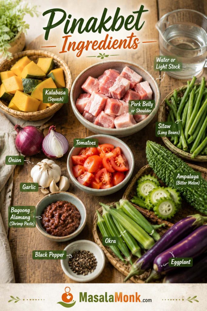 Ingredient board for Pinakbet Tagalog with pork, bagoong alamang, tomatoes, onion, garlic, squash, long beans, okra, eggplant, and ampalaya.