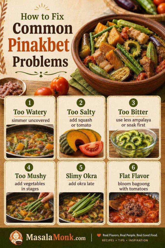 Troubleshooting guide for pinakbet showing fixes for watery texture, too much salt, too much bitterness, mushy vegetables, slimy okra, and flat flavor.