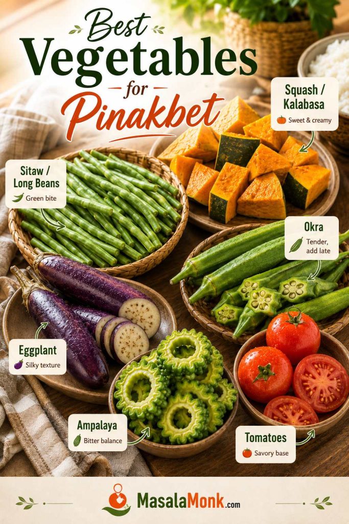 Guide showing squash, okra, eggplant, ampalaya, long beans, and tomatoes used in pinakbet, with short role labels.