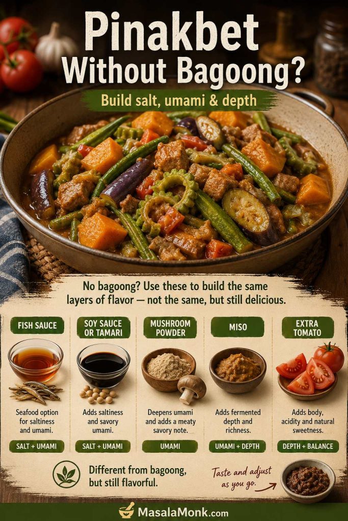 Guide to making pinakbet without bagoong using fish sauce, soy sauce or tamari, mushroom powder, miso, and extra tomato.