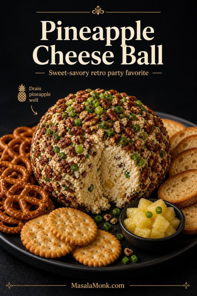 Pineapple cheese ball coated with chopped pecans and green onion, with a creamy filling and pineapple pieces inside, served with crackers, pretzels, toasted bread slices, and a small bowl of pineapple.