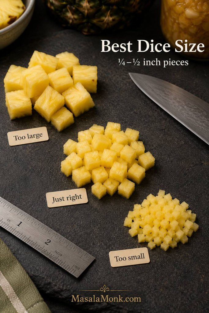 Pineapple dice-size guide with too-large, just-right, and too-small pieces for preserves