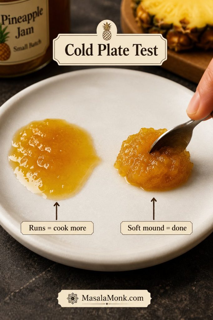 Cold plate test showing one runny pineapple jam sample and one soft mound sample being pushed with a spoon