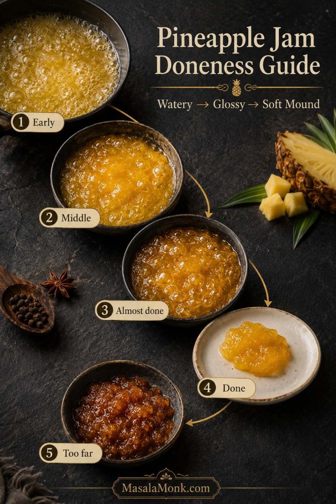 Pineapple jam doneness guide showing early watery bubbles, thicker sauce, glossy bubbles, soft mound, and overcooked jam