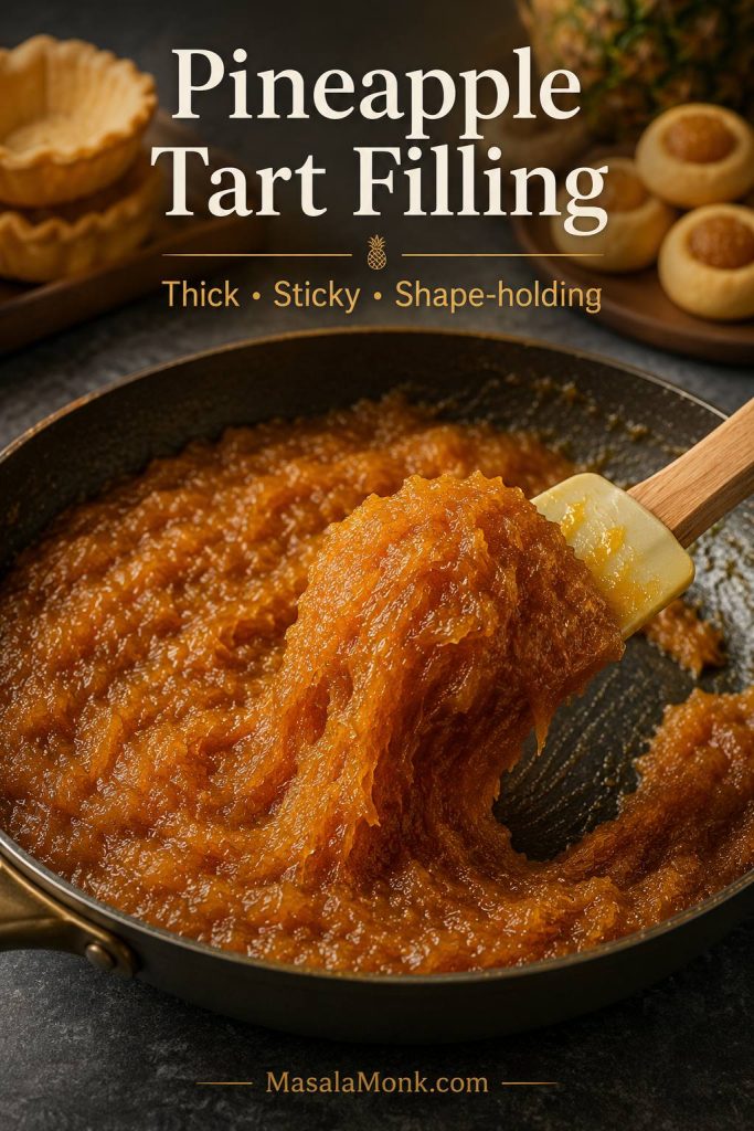 Thick pineapple tart filling being lifted from a pan with a spatula while tart shells sit in the background