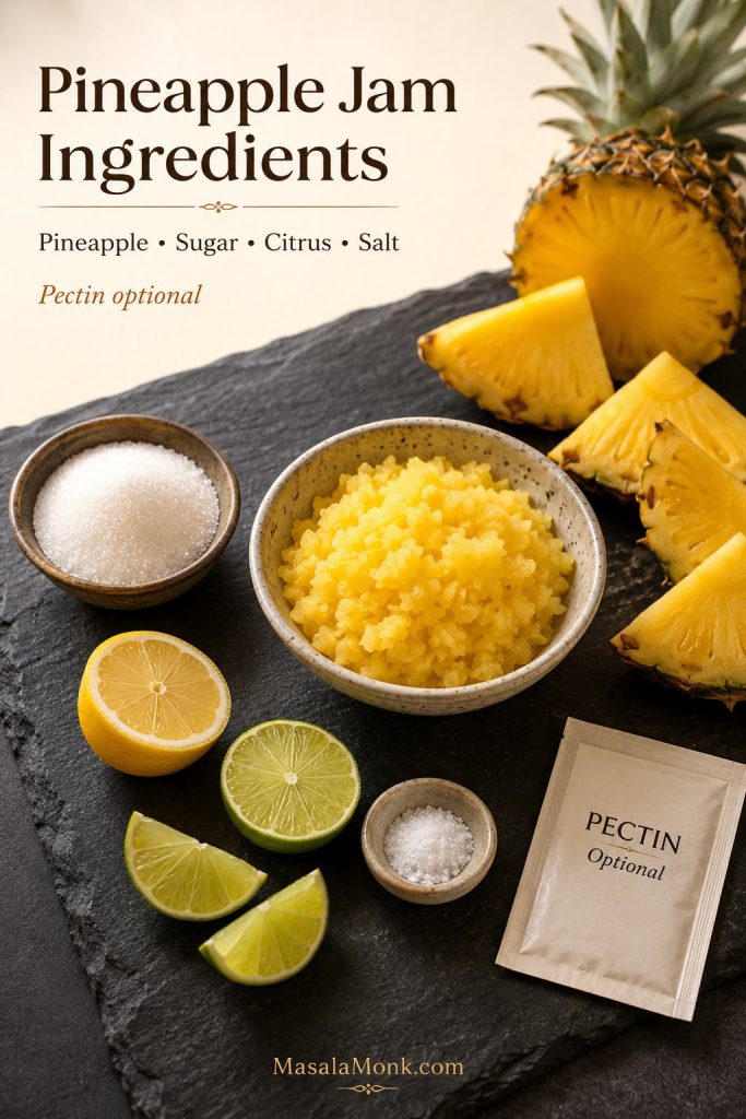 Pineapple jam ingredients including fresh pineapple, crushed pineapple, sugar, lemon, lime, salt, and optional pectin