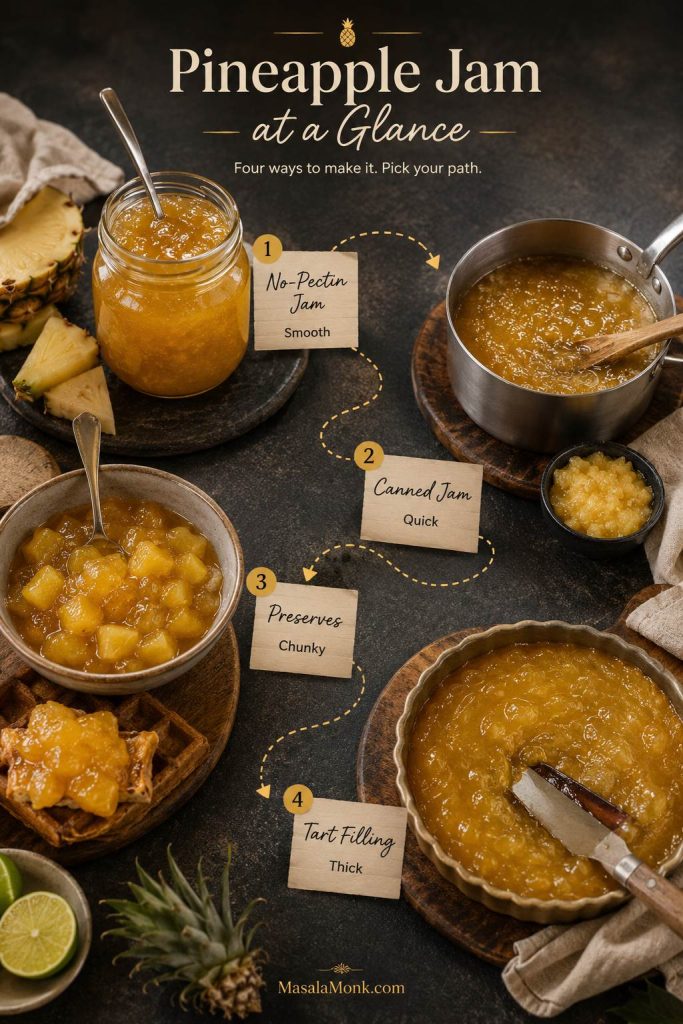 Pineapple jam at-a-glance guide showing no-pectin jam, canned jam, preserves, and tart filling routes