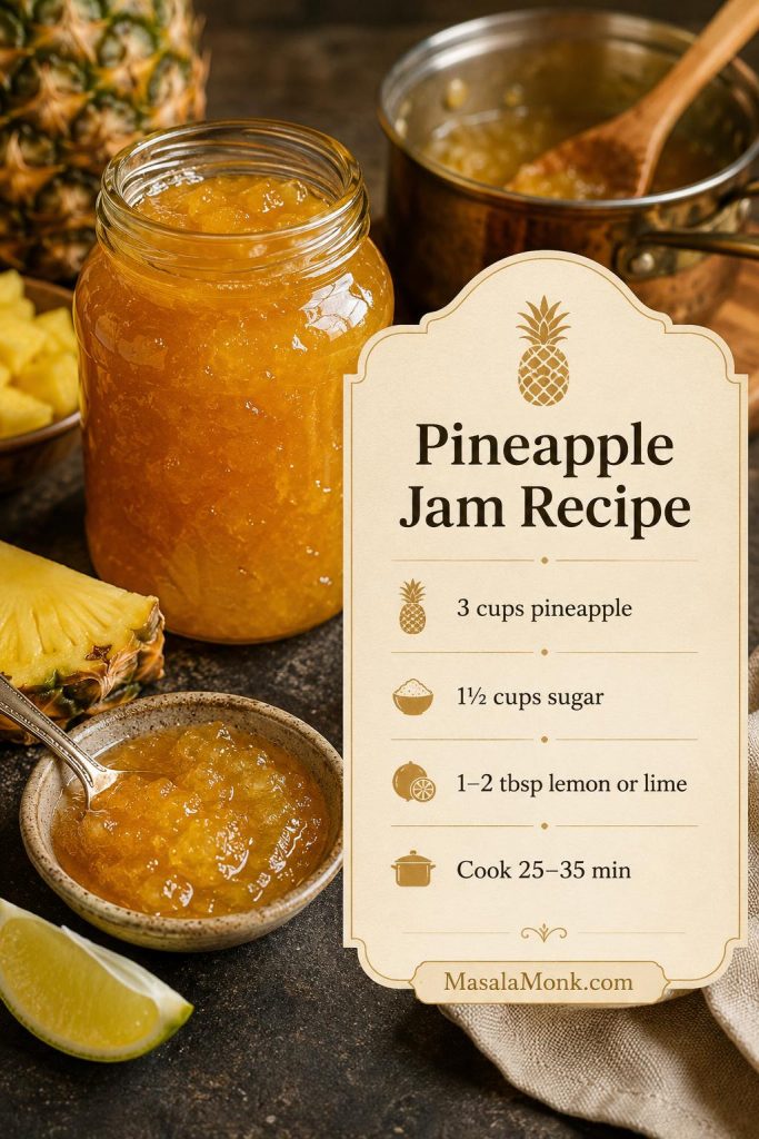 Saveable pineapple jam recipe card with pineapple, sugar, lemon or lime, cooking time, jar, saucepan, and pineapple pieces