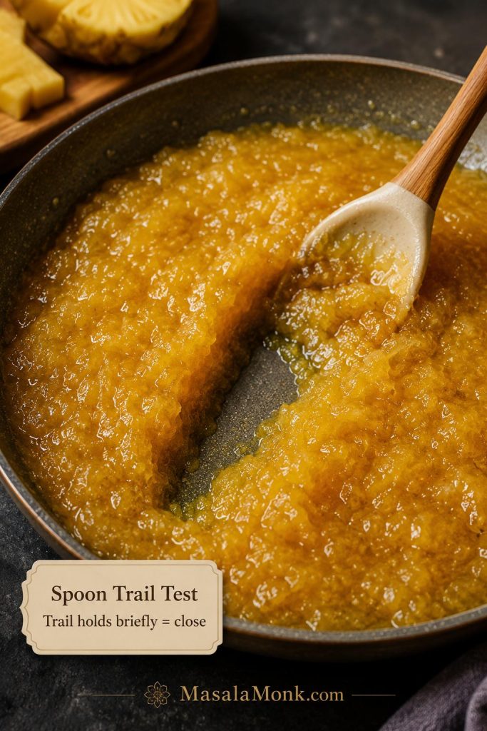 Spoon trail test in a pan of thick pineapple jam with a spatula leaving a visible path through the jam
